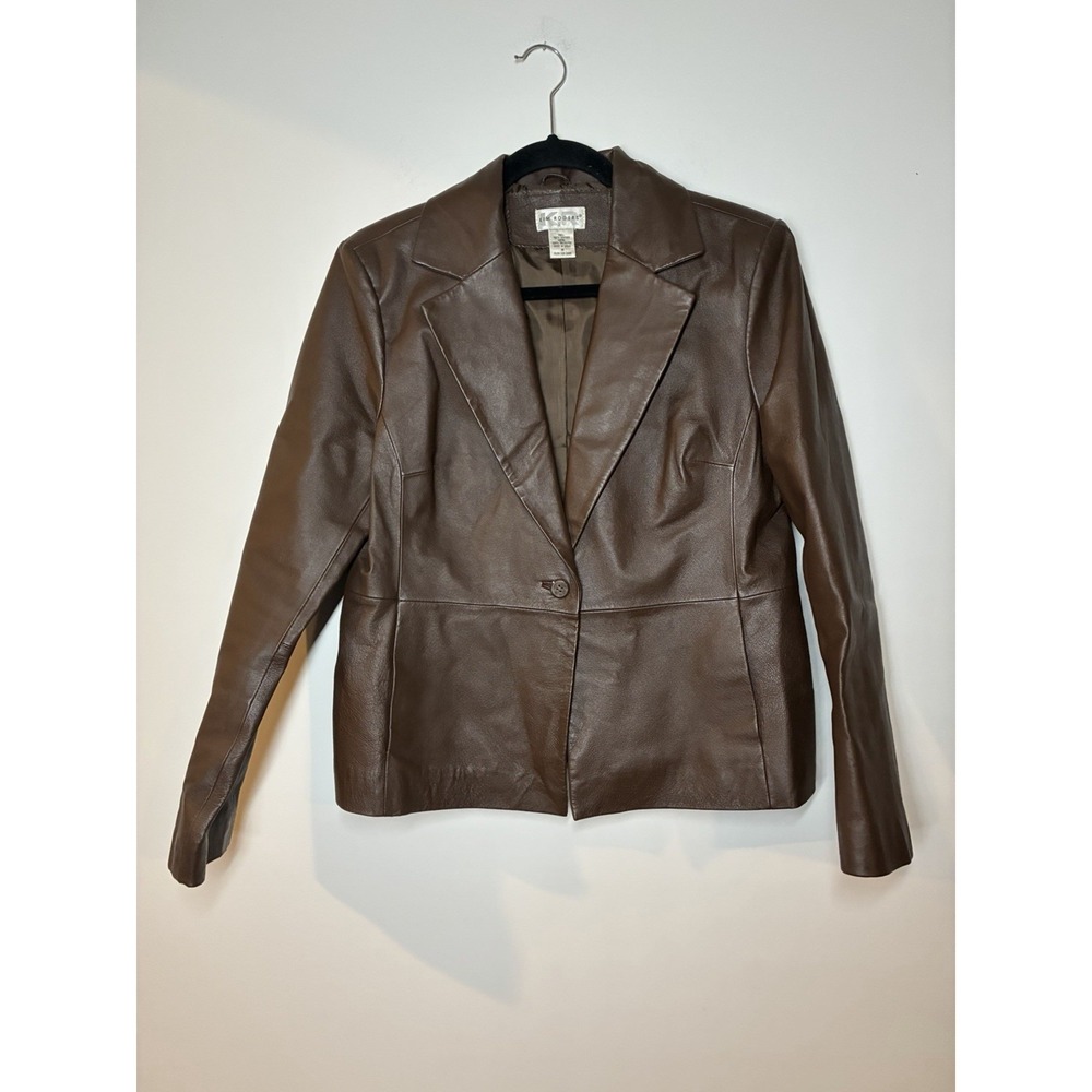 Kim Rogers Womens M Brown 100% Leather Button Front Blazer Jacket Lined Classic